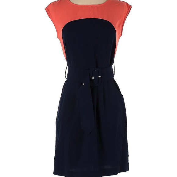 Designer C. Luce dress in Coral & Navy Belted pocket dress Size Small - Picture 1 of 3